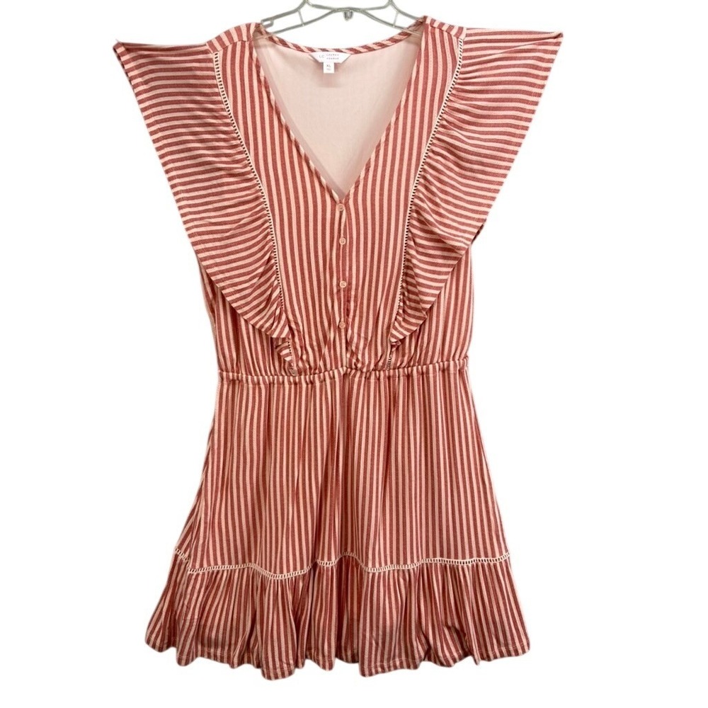 Lauren Conrad Dress Sz XL Striped Ruffle V‎ Neck Button Front Elastic Waist Midi